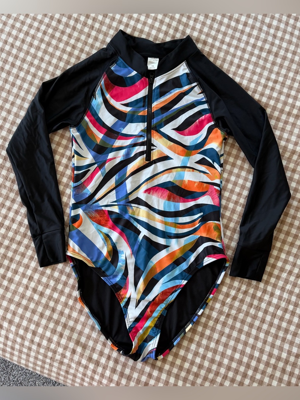 Venus One Piece Long Sleeve High Neck 1/4 Zip Black Multi Color Swimsuit Size 12